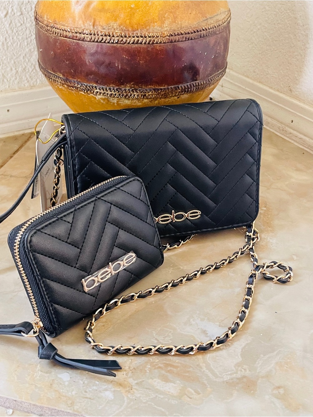 bebe set Black Quilted Crossbody Bag with Zip wallet .